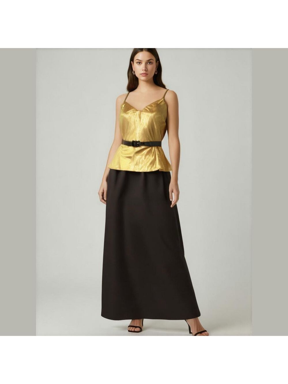 90s 2PC METALLIC GOLD LAME TOP & BLACK TAFFETA MAXI SKIRT W TULLE PETTICOAT SZ M